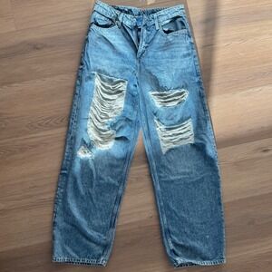 &Denim‎ Baggy Jeans Distressed Ripped High Waist Light Wash Size 6